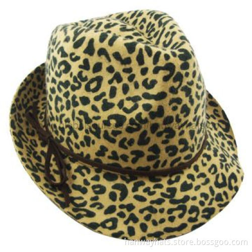 Fashionable Wool Felt Fedora Hat/Animal Printed Hat with Fake Leather String Trim